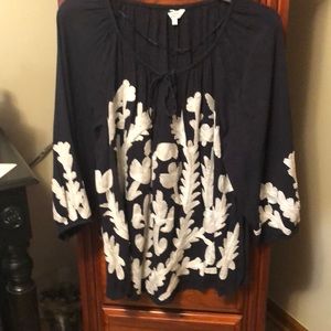 Navy peasant top with embroidery